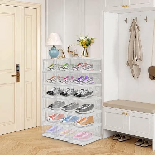 Hedume 6 Pack Clear Shoe Boxes Stackable, Drop Front Shoe Storage Box, No Assembly Plastic Shoe Organizer Storage Bin with Door, Free Standing Shoe Shelf Cabinet with Lid for Size 13, 13.6"x10"x7.9"