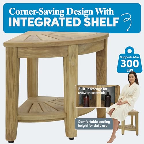 AquaTeak 15.5" Kai-Raw Corner Teak Shower Bench - Shower Stool with Storage Shelf for Bathroom - Durable Water Resistant Shower Chair - Shaving Foot Rest - Indoor & Outdoor Use - size: Raw, style: Corner Stool With Shelf
