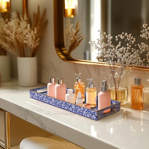 MAONAME Blue Vanity Tray, Bathroom Counter Tray, Plastic Decorative Trays with Handles, Storage Dresser Trays Organizer for Toilet Tank, Jewelry, Makeup, 13.8" x 6" x 1.57" - color: Bohemian-8