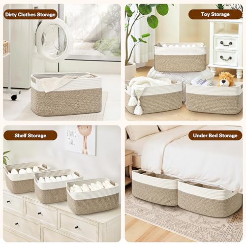 3 Pack Large Storage Basket for Organizing, 17.5"x13"x7" Woven Basket for Shelves, Closet Cube Storage Bins with Wrapped Handle, Cotton Rope Baskets for Kitchen, Clothes, Toys(Off White & Brown) - color: Off White & Brown, size: 3 Pack