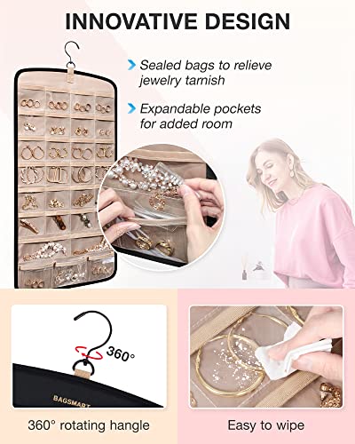 BAGSMART Hanging Jewelry Organizer, Necklace Holder Anti-tangle Earrings Rings Hanger with 10 Jewelry Bags Travel Storage Roll with Pockets Hang on Closet, Wall, Door,1 Piece, Small, Black - color: Black, size: Medium - Standard