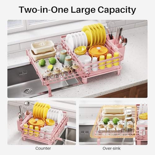 SNTD Dish Drying Rack - Extendable Dish Rack, Large Sink Drying Dish Drainer for Kitchen Counter, Stainless Steel Dish Strainer with Utensil Holder (Pink) - color: Pink