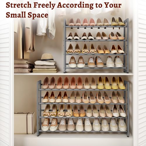FAVOOSTY 4-Tier Expandable Shoe Rack, Adjustable Shoe Shelf Storage Organizer Space Saving Metal Free Standing Shoe Rack for Entryway Closet Doorway, Silver Grey - color: Silver Gray, size: 4 Tier