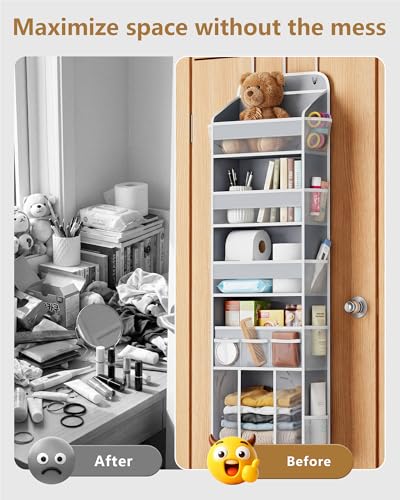 OneDream Over the Door Organizer for Nursery, 5-Tier Baby Clothes Organizer with Removable Storage Caddy, Hanging Behind Door Storage with Clear Pockets and Side Mesh Compartments, Grey - color: Grey