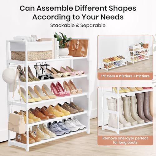 VILICK Shoe Rack for Closet Shoe Organizer Space Saver Storage for 20-25 Pair Shoe Shelf with Hook and Side Pocket Free Standing 5 Tier Shoe Rack Organizer for Entryway,Small Spaces, White - color: White, size: 33.5"W - 5 Tier