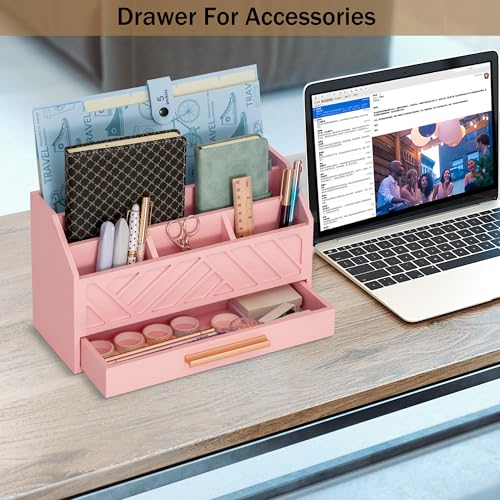 dreampossible Pink Wood Desk Organizer and Accessories with Drawer, Bill Mail Organizer and File Mail Holder for Office Supplies, Modern Desk Accessories & Workspace Organizers for Desk Organization - color: Pink A
