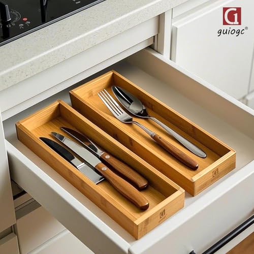 guiogc Bamboo Drawer Silverware Organizer, Flatware Organizers, Multi-purpose Bamboo Storage Box for Kitchen, Offices and Dressing table 11.5" x 3.15" x 1.8" (Set of 2) - size: 11.5" x 3.15" x 1.8"