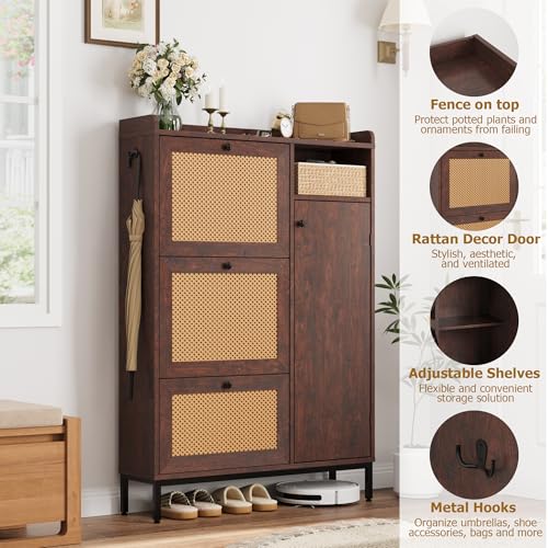 GarveeHome Shoe Cabinet Rattan with 3 Flip Drawers and 4-Tier Shoe Storage Cabinet, Freestanding Shoe Organizer with Adjustable Shelves for Entryway, Closet, Hallway - color: Deep Cherry, size: 3-Drawers + 1-Door