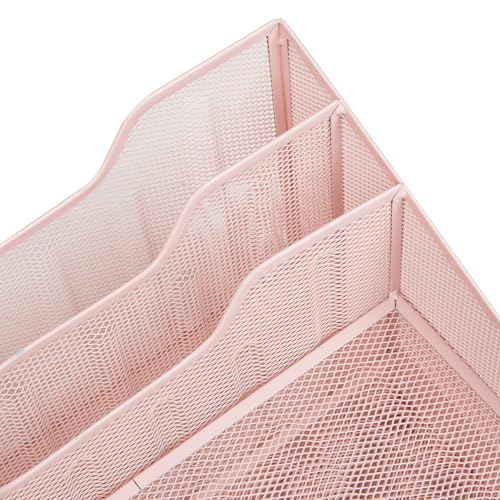 Mind Reader Metal Mesh Desktop File Organizer, 3-Tier Paper Tray with 5 Compartments, Office Mail Sorter, Pink - color: Pink