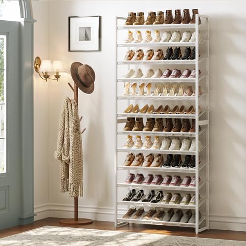 Nunsino Shoe Rack,12 Tier Metal Shoe Organizer,Max Holds 60 Pairs,Heavy Duty Shoes Shelf for Garage, Entryway, Closet,White - color: White, size: 12 Tier