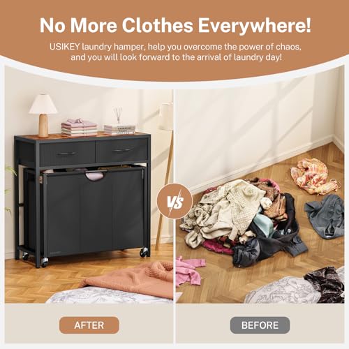Laundry Sorter 3 Section with Tabletop & 2 Drawers, Rolling Laundry Hamper with Pull-Out and Removable Bags, Laundry Basket Organizer with Wheels and Shelf, Metal Frame Rustic Brown for Laundry Room - size: 155 L