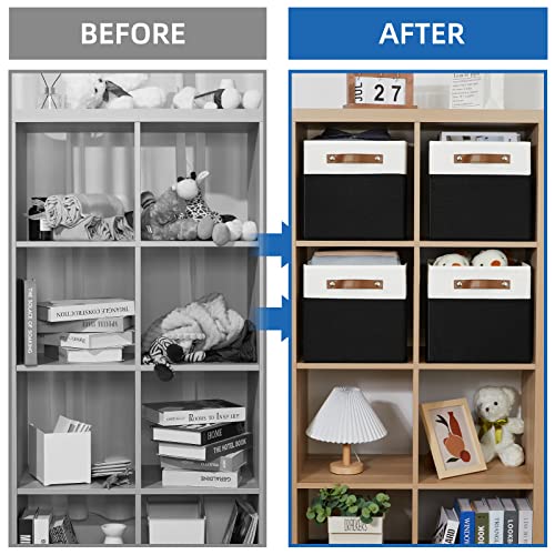 Temary 11 inch Cube Storage Bin 4 Pack Fabric Storage Cubes for Home, Fabric Storage Bin Storage Cube Bins with Leather Handles(White&Black) - color: White&Black, size: 11×11×11