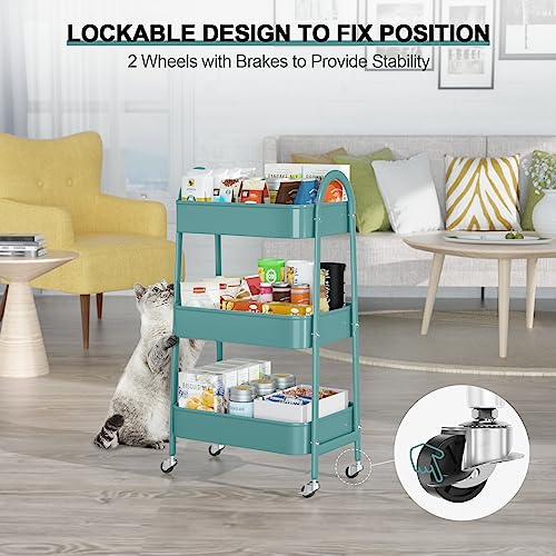 EAGMAK 3 Tier Utility Rolling Cart, Metal Storage Cart with Handle and Lockable Wheels, Multifunctional Storage Organizer Trolley with Mesh Baskets for Kitchen, Living Room, Office, Garage (Green) - color: Green, size: Normal