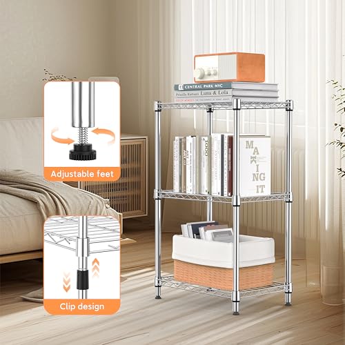 M MZG 3 Tiers Shelf Metal Storage Shelves Wire Rack Closet Organizers with Wheel for Garage Kitchen Bathroom Laundry Chrome 11.8" D x 17.7" W x 28.8" H - color: Chrome, size: 3 Tiers, 11.8"D x 17.7"W x 28.8"H