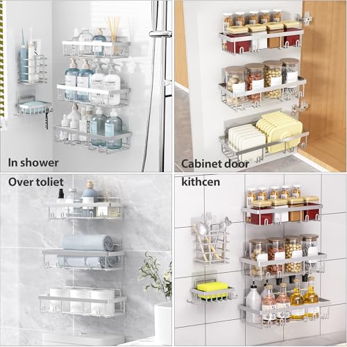 Liuoud 5 Pack Shower Caddy Organizer Rack Shelf for Inside Shower, Self Adhesive Bathroom Wall Storage Basket Rustproof Stainless Steel Large Capacity Shampoo Holder, Silver - color: Silver