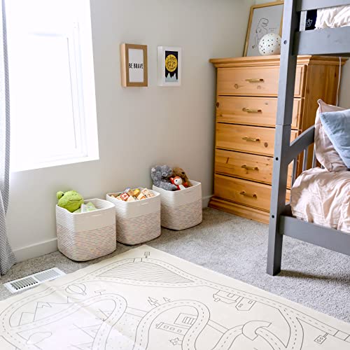 NaturalCozy Storage Cubes 11 Inch Cotton Rope Woven Baskets for Organizing, 3-Pack | Cube Storage Bin | Square Storage Baskets for Shelves Organizer, Classroom, Kids Toy Bins, Closet, Baby Nursery - color: Off White & Rainbow Stitching