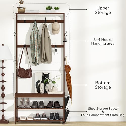 AMBIRD Hall Tree with bench and shoe storage, Entryway Bench with shoe storage, 6-in-1 Coat Rack with Cloth Bag and 12 Coat Hooks, Sturdy Bamboo Frame, Brown 31 * 15 * 70 Inches - style: Classic, 31.5'' L
