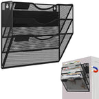 3-Tier Magnetic File Holder, No Drilling Installation File Cabinet Organizer, Black Magnetic File Organizer, Magazine Rack, Magnetic Paper Holder for Refrigerator, File Cabinets, Whiteboard