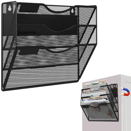3-Tier Magnetic File Holder, No Drilling Installation File Cabinet Organizer, Black Magnetic File Organizer, Magazine Rack, Magnetic Paper Holder for Refrigerator, File Cabinets, Whiteboard