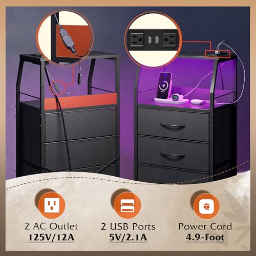WLIVE Night Stand with Charger Station, LED Nightstand with 4 Fabric Drawers and Storage Shelf, Tall Dresser for Bedroom, 37.48" H Bedside Table with 3 USB Ports and Outlets, Black - color: Black, size: 4 Drawers