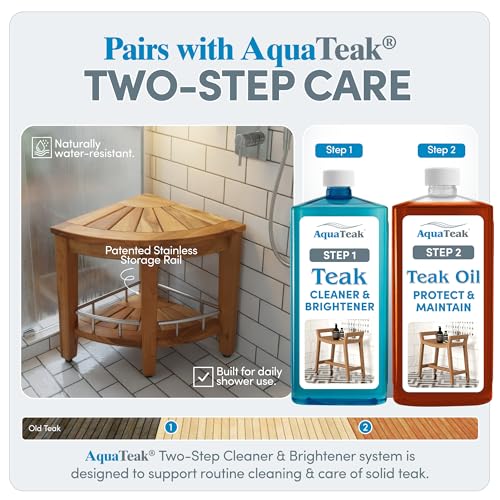 AquaTeak Patented 15.5" Kai Stainless Corner Teak Shower Bench - Shower Stool with Storage Shelf for Bathroom - Water Resistant Shower Chair with Teak Oil & Cleaner CareKit - Shaving Foot Rest - size: Stainless - Care Kit, style: Corner Stool With Shelf