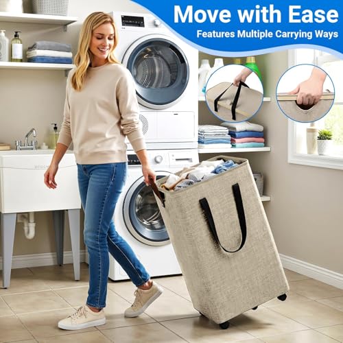 Laundry Basket with 5 Wheels, Tall Dirty Laundry Hamper, Rolling Laundry Basket with Lid, Large 100L Collapsible Clothes Hamper for Laundry Room Bedroom Bathroom Dorm, Khaki - color: khaki, size: 100L