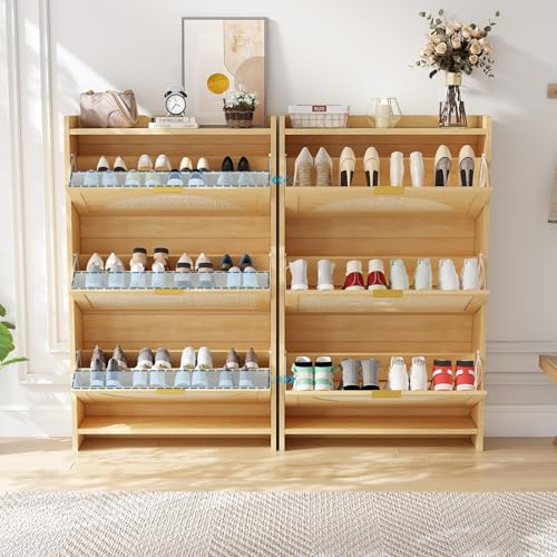 Patikuin Narrow Rattan Shoe Cabinet, 3 Semi-Circular Flip Doors Freestanding Shoe Storage Organizer, MDF Wooden Hidden Slim Shoe Rack for Entryway, Hallway, Foyer, Living Room - size: 3 Flip Drawers