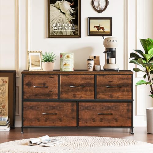 5-Drawer Dresser for Bedroom, Anti-Tip Wide Storage Organizer Fabric Chest of Drawers TV Stand for 45" TV with Wooden Top and Metal Frame for Closet, Living Room, Hallway, Entryway, Brown - color: Brown, size: 11.8"D x 39.4"W x 20.9"H (5 Drawers)