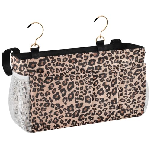 Bedside Caddy Hanging Bunk Bed Caddy Bed Organizer Hanging Pocket with 2 Hooks Bedside Storage Organizer Pocket Bag Holder Leopard Print Brown - color: Leopard Print Brown