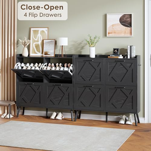 Nicetree Shoe Cabinet with 4 Flip Drawers, Hidden Shoe Rack Cabinet with Metal Legs, Farmhouse Narrow Shoe Storage Cabinet for Entryway, Foyer, Hallway, Black with Hook - color: Black, style: 4-Drawers