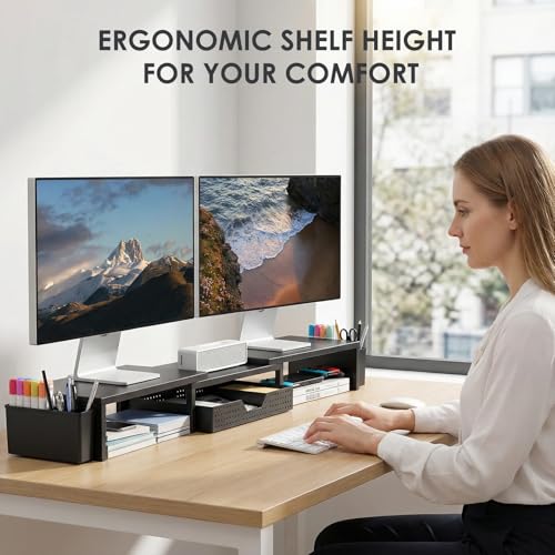 OPNICE Desk Organizers and Accessories, Dual Monitor Stand Riser with Drawer and 2 Pen Holders, Desk Shelf Metal Computer Racks for Office Workspace Organizers, Desktop Organization (Black Metal) - color: Black Metal, size: With drawer and pen holder