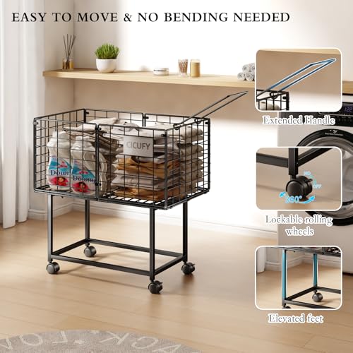 CICUFY Rolling Laundry Cart, 80L Wire Laundry Hamper Basket on Wheels, Dirty Clothes Basket with Handle, Metal Clothes Hamper Organizer for Laundry Room, Bathroom, Bedroom, Dorm, Black - color: Black