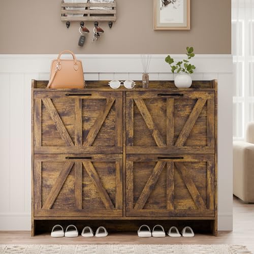 MU Shoe Storage Cabinet with 4 Flip Drawers, Freestanding Shoe Cabinet, Shoe Organizer with Wood Legs for Entryway, Slim Shoe Cabinet, Rustic - color: Rustic Brown, size: 4 Drawers