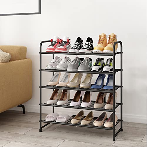 Simple Trending 5-Tier Stackable Shoe Rack, Expandable & Adjustable Shoe Organizer Storage Shelf, Wire Grid, Black - color: Black, size: 5 Tiers