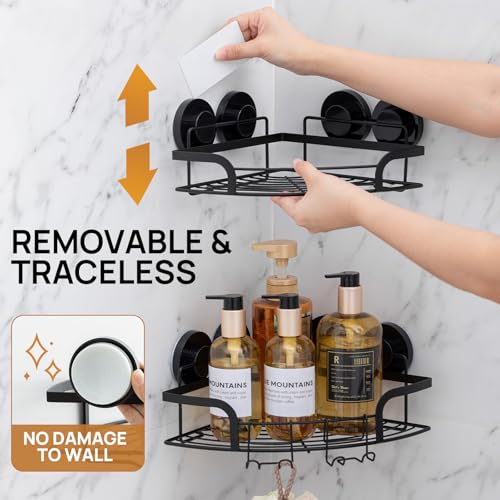 LEVERLOC 2 Pack Strong Suction Cup Corner Shower Caddy, Large Capacity Removable Bathroom Organizer, Stainless Steel Rustproof Shower Shelves with Hook, Drill-Free Wall Mounted Suction Basket, Black - style: Corner 90°, Black