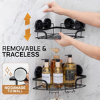 LEVERLOC 2 Pack Strong Suction Cup Corner Shower Caddy, Large Capacity Removable Bathroom Organizer, Stainless Steel Rustproof Shower Shelves with Hook, Drill-Free Wall Mounted Suction Basket, Black - style: Corner 90°, Black