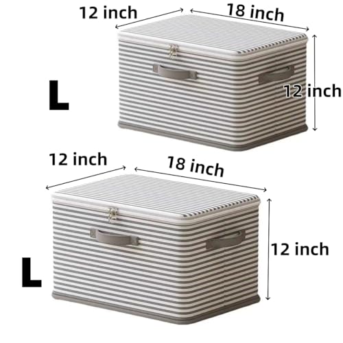 Foldable Storage Containers, Beige Striped Fabric Boxes with Lids, Stackable Closet Organizer Bins for Bedroom, Clothing Storage (Gray, L) - color: Gray, size: L