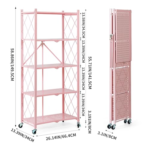 BRIAN & DANY 5-Tier Foldable Storage Shelves with Wheels, Folding Metal Rack Shelving Unit, Heavy Duty No Assembly Organizer Shelf for Garage, Kitchen, Basement, Pantry, Pink - color: Pink, size: 5-tier