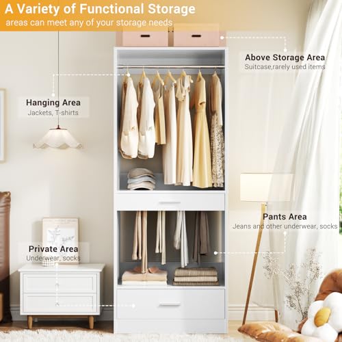 Homieasy Closet System Organizer of 3 sets, Wardrobe Closet with 5 Drawers and Partition Storage, 2 Pants Rack, 2 Hanging Rods, Freestanding Closet Organizer for Bedroom & Walk-in Closets, White