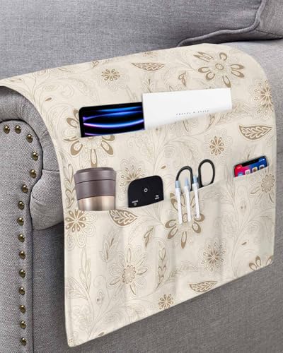 Sofa Armrest Organizer Bedside Caddy, Vintage Brown Floral Non Slip Couch Remote Control Holder for Recliner, Rustic Abstract Flower Burlap Arm Chair Caddy with Pocket for Magazine Phone, 19.7"x35" - color: Khaki, size: 19.7x35 in