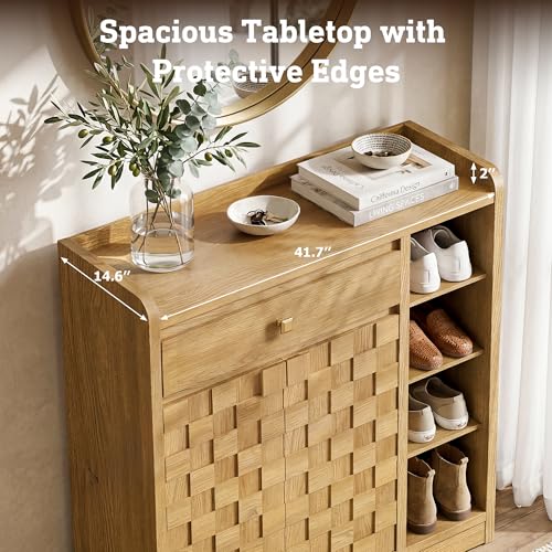 STO'SENSE Large Shoe Cabinet with Doors, 8-Tier Shoe Storage Cabinet with Drawer & 4 Side Cubbies & 5 Adjustable Shelves, 47" Tall Shoe Rack Organizer Cabinet for Entryway, Hallway (Original Oak) - color: Original Oak