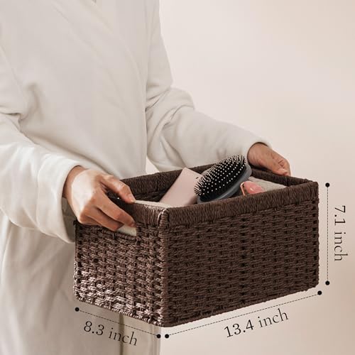 UBBCARE 4 Pack Wicker Basket, 13.4L×8.3H×7.1W inch Woven Paper Rope Storage Baskets for shelves, Foldable Rectangular Storage Baskets with Handle, Storage Basket for Organizing, Dark Brown - color: Dark Brown, size: 4pack Medium