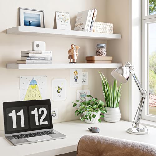 Fixwal Floating Shelves for Wall, 35" Long Heavy Duty Wall Mounted Rustic Wood Shelves for Living Room, Bedroom, Bathroom and Kitchen, for Storage, Books, Room Decor (White, Set of 2) - color: White, size: 35in