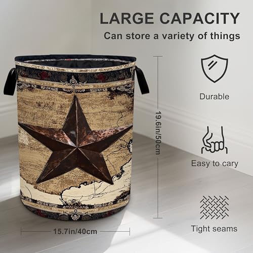 Western Texas Star Laundry Basket Foldable Oxford Cloth Tote Bag Laundry Hamper Clothes Storage Bucket Organizer For Bathroom/Laundry Storage/Bedroom 19.6x15.7 Inch - color: Western Texas Star