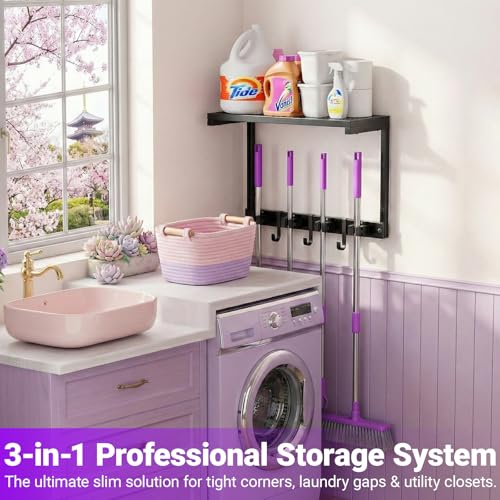 Heavy Duty Broom Holder Wall Mount with Cleaning Supplies Organizer, Space-Saving Laundry Room Organization and Storage Shelves, All-Metal Mop Hanger Broom Rack with Hooks, Garage Organizer Shelf - size: Small