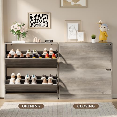 BORNOON Shoe Cabinet with 2 Flip Drawers, Slim Narrow Shoe Storage Cabinet, Freestanding Shoe Organizer with Adjustable & Removable Shelves, Top Display Shelf for Entryway, Hallway, Foyer, Closet - color: Grey, size: 2-Drawer