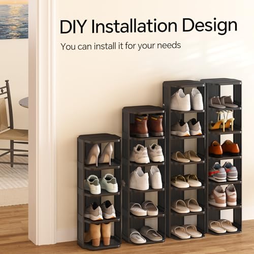 Kitstorack Stackable 16-Tier Shoe Rack for Closet & Entrance - Tall, Narrow, Vertical Shoe Stand - Plastic, Free Standing - Ideal for Small Spaces - color: Black, size: 16 Tiers