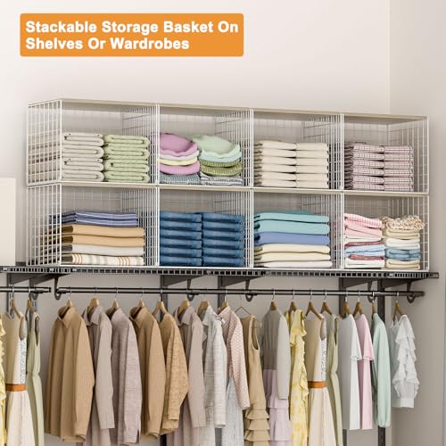 Extra-Long Closet Organizers and Storage with Top Board, 3 Pack Stackable Closet Shelf Organizer, Double Storage Design, Clothes Storage Cube/Bin/Basket for Wardrobe, Space-Saving, White,Sturdy,Metal - color: WHITE, size: 15.74"（L）*12"（W）*12.2"（H）