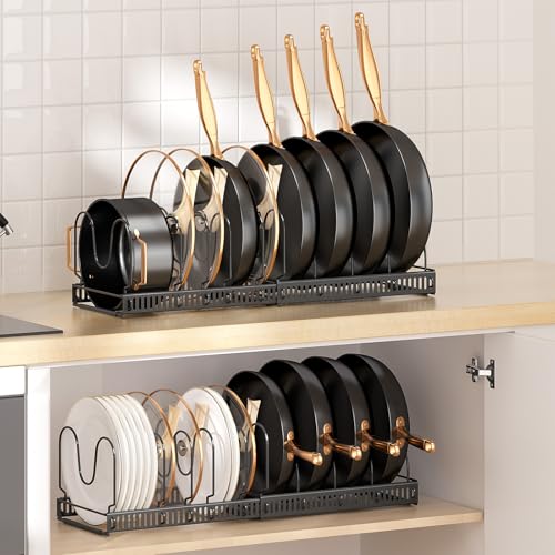 MUDEELA Pots and Pans Organizer Rack for under Cabinet, Expandable 11.81''-22.85'' Pot Lid Kitchen Cabinet Organizer Holder with 10 Adjustable Compartment Cutting Board Organizer for Pan Lid, Bakeware - style: 10 Dividers-Black