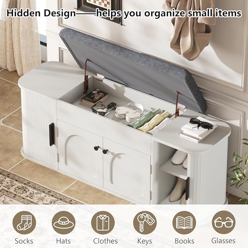 Einhomn 47.2'' Sliding Door Entryway Shoe Storage Bench with Seat Cushion, Shoe Rack with Lift-Top Hidden Storage & Adjustable Shelf, Bench for Bedroom End of Bed, White - color: White